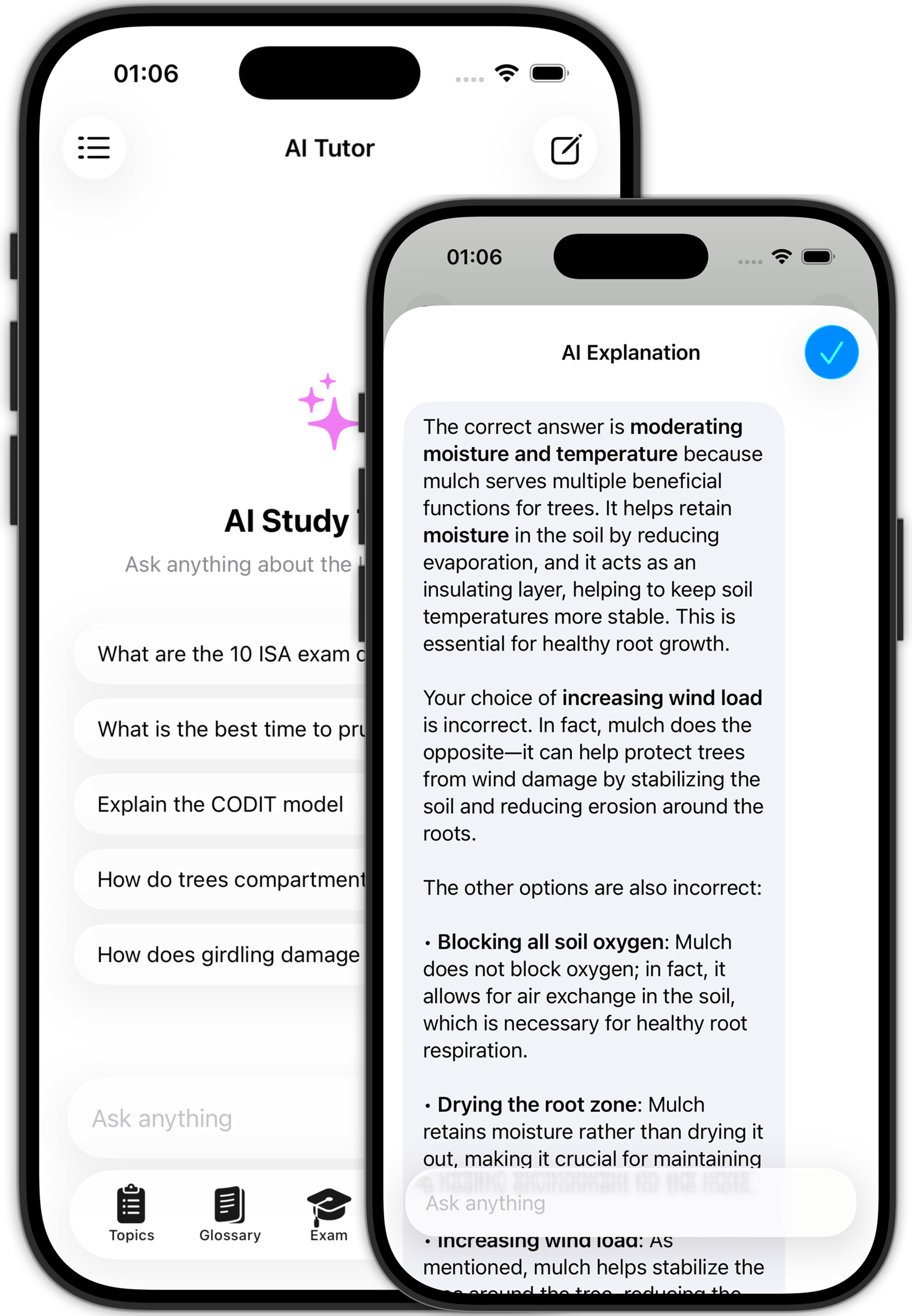 ISA Arborist Exam Prep app showing the AI tutor explanation screen